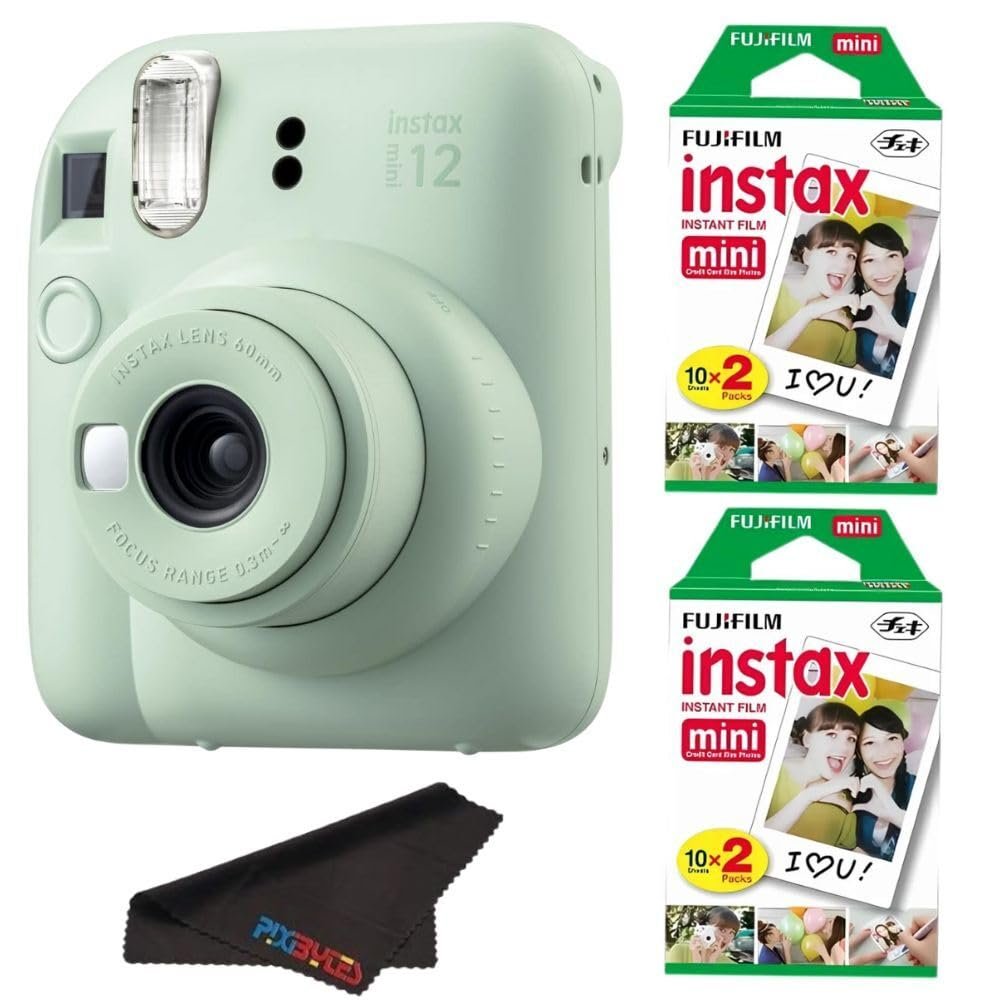 Fujifilm Instax Mini 12 Camera with Fujifilm Instant Mini Film and PixiBytes Microfiber Cleaning Cloth... (Mint Green, Camera + 2 Twin Pack)