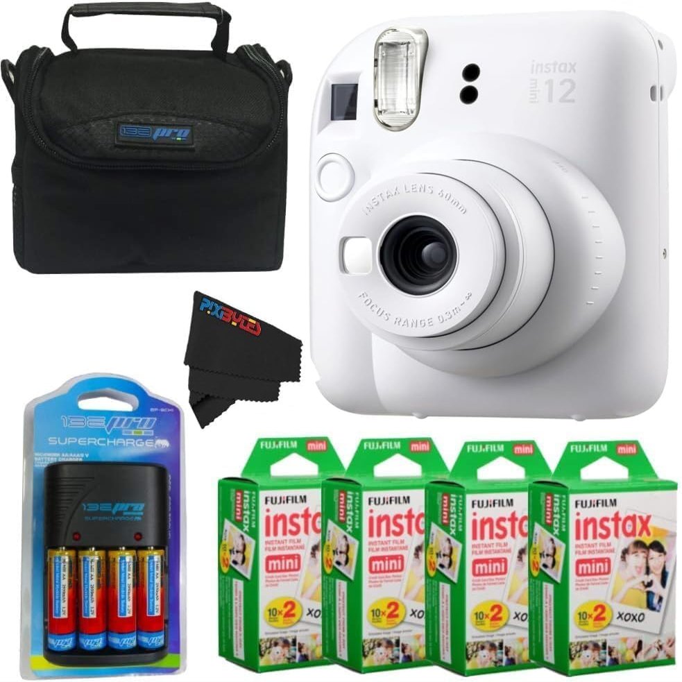 Fujifilm Instax Mini 12 Camera with Fujifilm Instant Mini Film and PixiBytes Microfiber Cleaning Cloth... (Clay White, Camera + 4 Twin Pack/CC1)