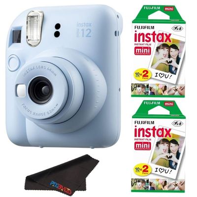 Fujifilm Instax Mini 12 Camera with Fujifilm Instant Mini Film and PixiBytes Microfiber Cleaning Cloth... (Pastel Blue, Camera + 2 Twin Pack)