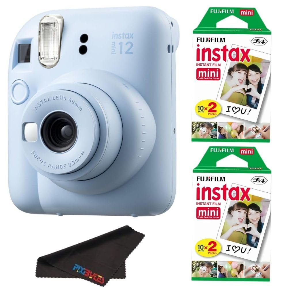 Fujifilm Instax Mini 12 Camera with Fujifilm Instant Mini Film and PixiBytes Microfiber Cleaning Cloth... (Pastel Blue, Camera + 2 Twin Pack)