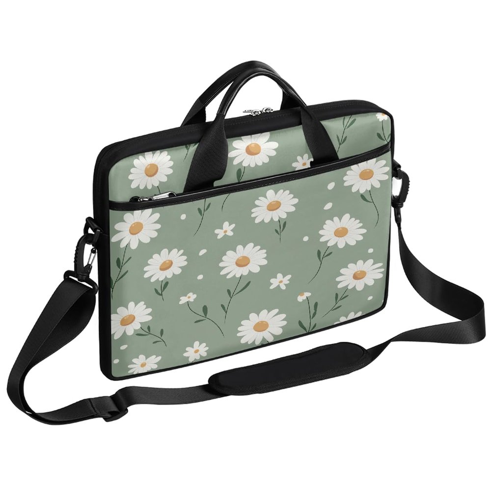 VQUVQV Laptop Shoulder Bag for Men Women, Waterproof Computer Carrying Case Messenger Bag with Strap, Floral Green Daisy Laptop Briefcase for Office Business Travel