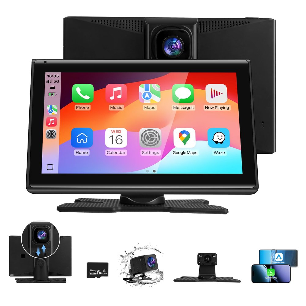 7" Wireless CarPlay Screen for Car- 4K Touchscreen, 4K Dash Cam &1080P Rear Camera64GB SD CardApple CarPlay & Android Auto, Bluetooth, GPS, Voice Control, Plug-and-Play with FM/AUX/Mirror Link