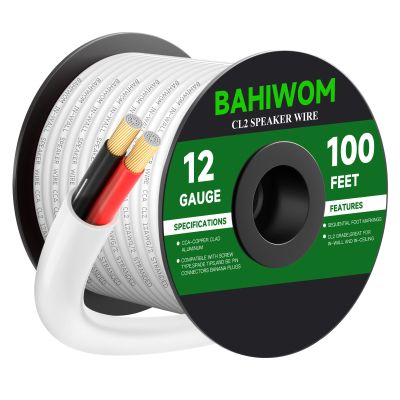 BAHIWOM 12 Gauge Wire 100FT CL2 Low Voltage Electrical Wire 12V/24V DC White Jacket Cable for Speaker,LED Strips, Automotive,Marine,Business