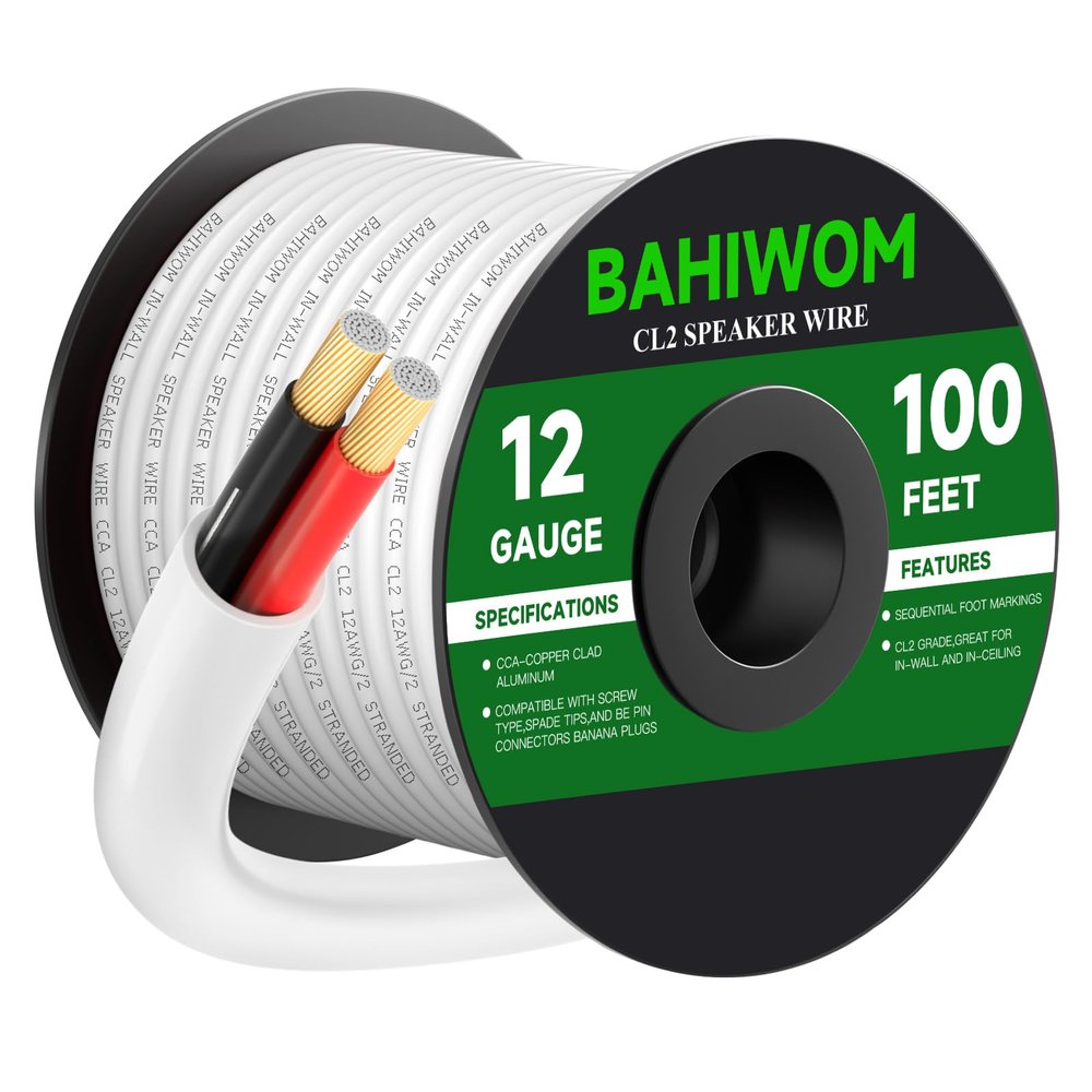 BAHIWOM 12 Gauge Wire 100FT CL2 Low Voltage Electrical Wire 12V/24V DC White Jacket Cable for Speaker,LED Strips, Automotive,Marine,Business