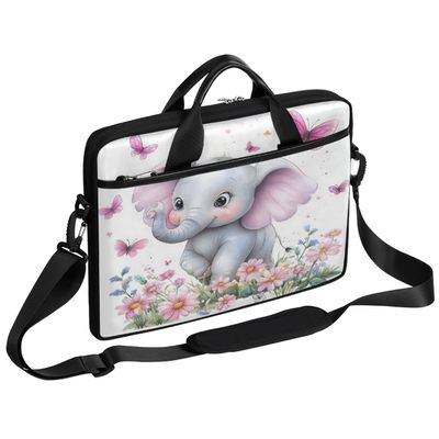 VQUVQV Laptop Bag for Women Men, Waterproof Computer Bag Elephant And Butterfly Among Flowers Laptop Messenger Shoulder Bags Briefcase with Adjustable Strap