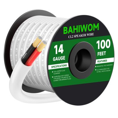BAHIWOM Fire Safety CL2 Speaker Wire in-Wall & in-Ceiling 14 Gauge Wire 100 FT CCA Cord 2 Conductors Red Black Speaker Cable for Indoor Home Theater System,Car Audio Soft White Jacket