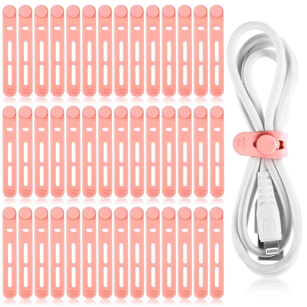 Tellegloww 42 Pcs Silicone Cable Ties Reusable Cord Straps Multipurpose Elastic Cable Organizer for Bundling Fastening Earphone Phone Charger Home Office School (Pink,3.15 Inch)