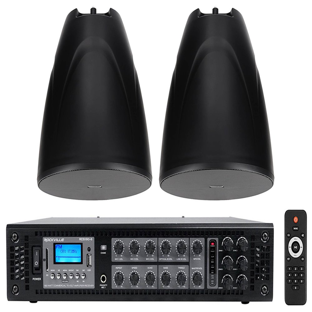 Rockville PEN-80T Black 8" 70V Pendant Speaker Pair with RCS180-6 Amp