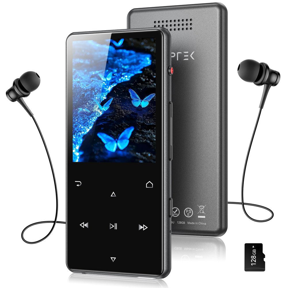 AGPTEK 128GB MP3 Player with Bluetooth 5.4, M6 2.4 inch Music Player with One-Click Recording, Built in Speaker and FM Radio, Touch Buttons(Black)