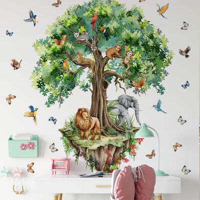 Mirabuy Suspended Tree Wall Decals Jungle Safari Animals Wall Decal Stickers for Kids Bedroom Playroom Nursary Classroom 51.57x48.03 inches
