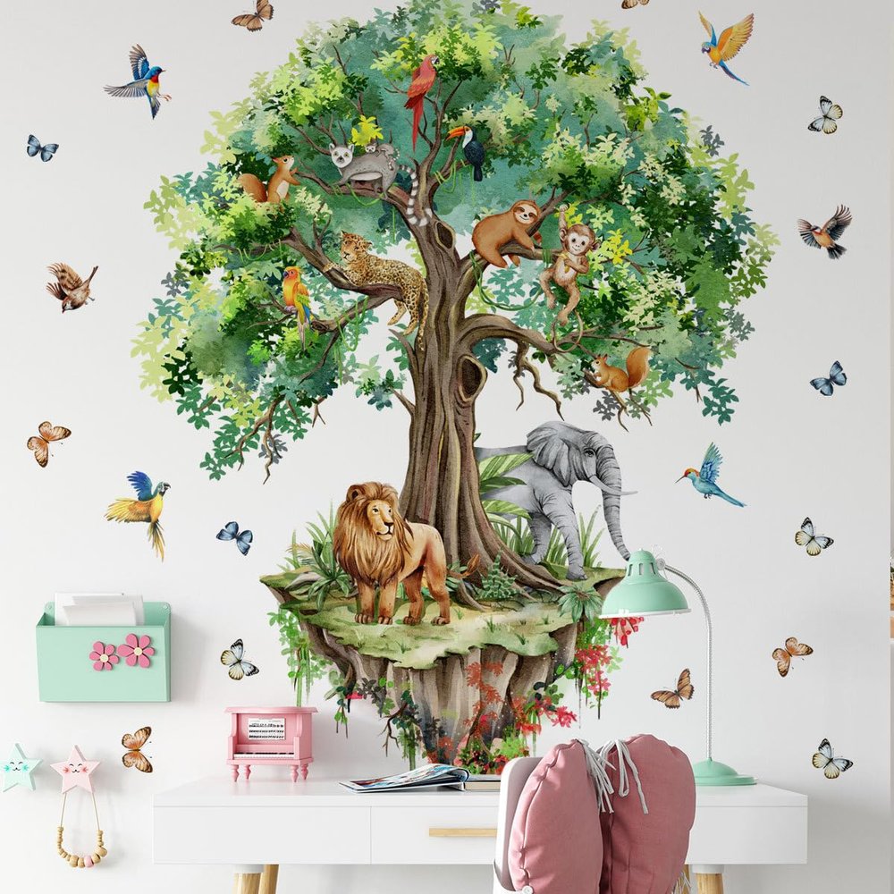 Mirabuy Suspended Tree Wall Decals Jungle Safari Animals Wall Decal Stickers for Kids Bedroom Playroom Nursary Classroom 51.57x48.03 inches