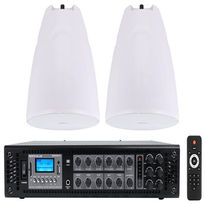 Rockville Bundle: (2) PEN-80T White 8" 70V 40W Hanging Pendant Speaker Bundle with RCS180-6 180 Watt 6 Zone 70v Amplifier/Bluetooth for Commercial/Restaurant use (3 Items)