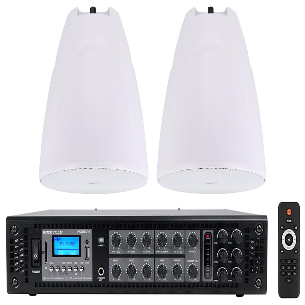 Rockville Bundle: (2) PEN-80T White 8" 70V 40W Hanging Pendant Speaker Bundle with RCS180-6 180 Watt 6 Zone 70v Amplifier/Bluetooth for Commercial/Restaurant use (3 Items)