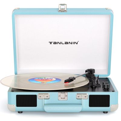 Bluetooth Suitcase Record Player with Builtin Speakers, Bass & Treble Control, 3Speed BeltDrive Turntable with AutoStop, Portable Vinyl Player for 33 45 78RPM LPs, Blue