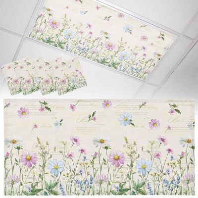4 Pack Fluorescent Light Cover for Drop Ceiling 4 x 2 ft Classroom Magnetic Fluorescent Light Shade Filters Rustic Floral Daisy Pastoral Flowers Beige Drop Ceiling Supplies for Home Office School