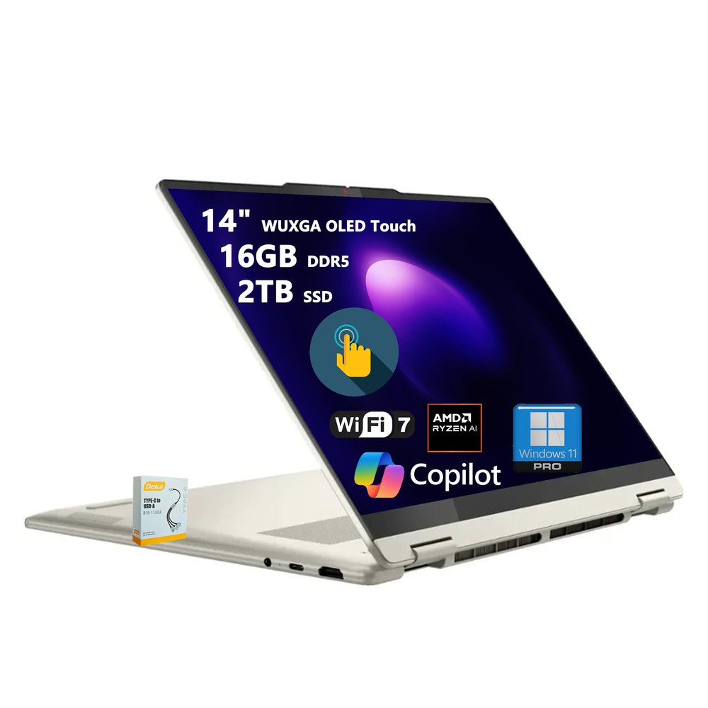Lenovo Yoga 7 2-in-1 Copilot+ AI PC Laptop | 14" WUXGA OLED Touch (100% DCI-P3) | AMD Ryzen AI 5 340 (Up to 50 Tops) | 16GB DDR5 2TB SSD | for Creator Business Professional Win11Pro w/DLCA Accessory