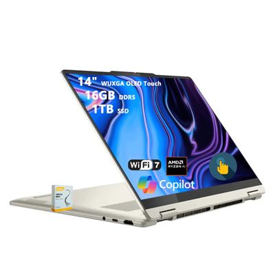 Lenovo Yoga 7 2-in-1 Copilot+ AI PC Laptop | 14" WUXGA OLED Touch (100% DCI-P3) | AMD Ryzen AI 5 340 (Up to 50 Tops) | 16GB DDR5 1TB SSD | for Creator Business Professional Win11 w/DLCA Accessory