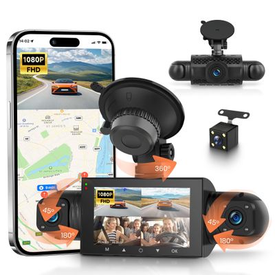 Rimoody 4-Channel 360 Dash Cam, 1080P Full HD Car DVR with Front/Rear/Inside/Side Cameras, WiFi App Control, Night Vision, G-Sensor, Loop Recording, 24H Parking Monitor, 3 Inch Display