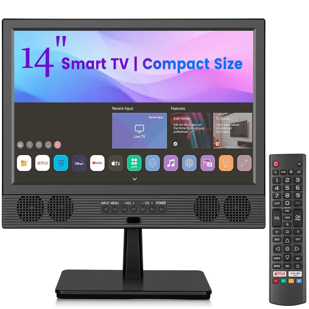 Feihe 14 Inch Small Smart TV, HD LED Flat Screen Smart TV with ATSC Tuner/HDMI/USB/AV for Kitchen, RV, Camper, Bedroom or Travel Use