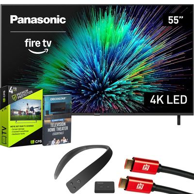 Panasonic TV-55W70BP W70 Series 55 inch LED 4K Ultra HD Smart Fire TV Bundle with WN10 Neck Speaker, 4 YR CPS Enhanced Protection, 2X HDMI Cable & Deco Gear Complete Home Theater Beginner's Guidebook