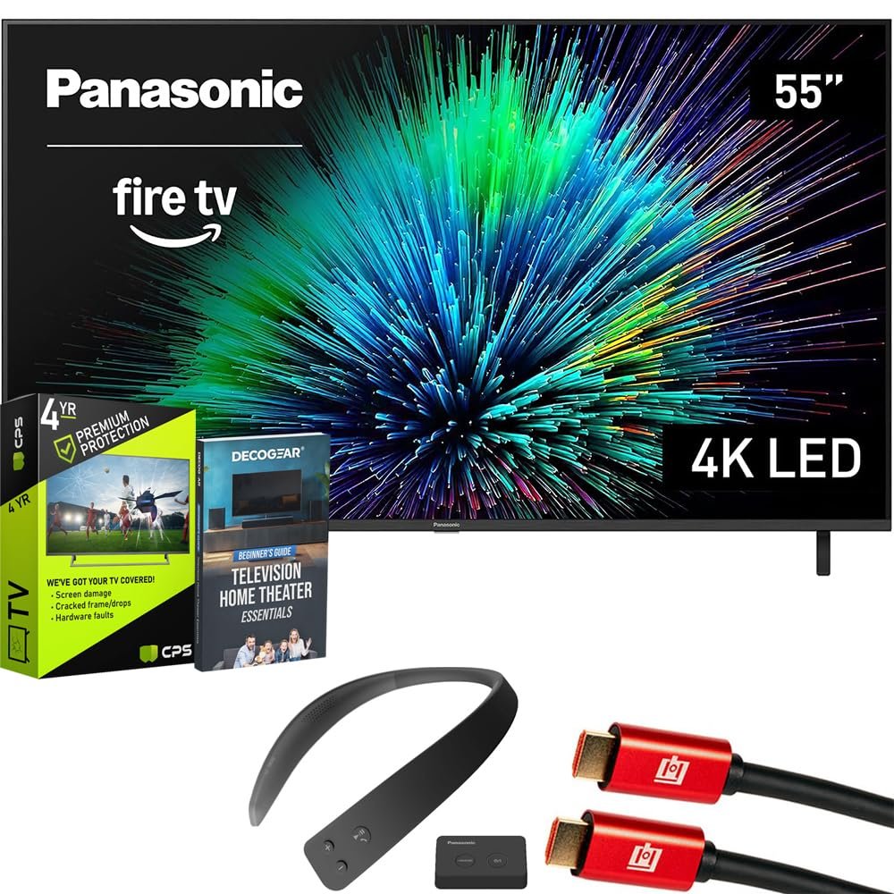 Panasonic TV-55W70BP W70 Series 55 inch LED 4K Ultra HD Smart Fire TV Bundle with WN10 Neck Speaker, 4 YR CPS Enhanced Protection, 2X HDMI Cable & Deco Gear Complete Home Theater Beginner's Guidebook