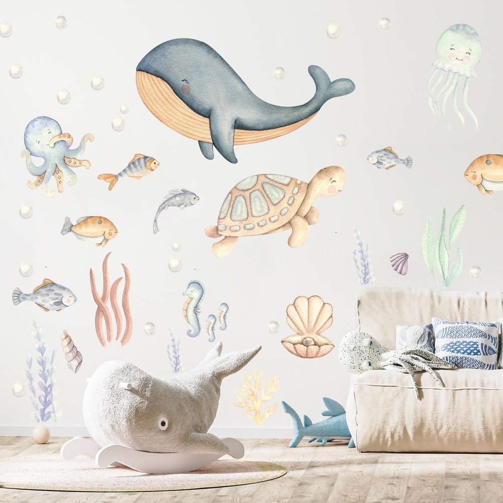 BUBUROOM Under The Sea Wall Decals Sea Life Stickers, Removable Wall Stickers, Watercolor Ocean Animals, Peel & Stick, for Nursery Baby Kids Bedroom Bathroom, Medium Set (57" W x 36" H) 50 Pcs
