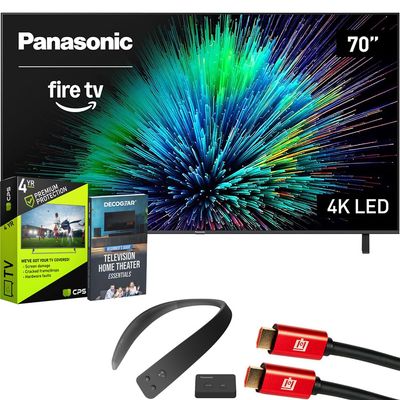 Panasonic TV-70W70BP W70 Series 70 inch LED 4K Ultra HD Smart Fire TV Bundle with WN10 Neck Speaker, 4 YR CPS Enhanced Protection, 2X HDMI Cable & Deco Gear Complete Home Theater Beginner's Guidebook