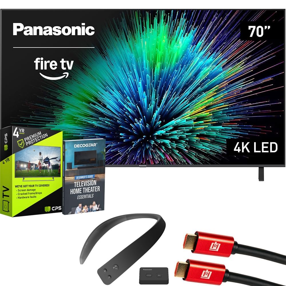 Panasonic TV-70W70BP W70 Series 70 inch LED 4K Ultra HD Smart Fire TV Bundle with WN10 Neck Speaker, 4 YR CPS Enhanced Protection, 2X HDMI Cable & Deco Gear Complete Home Theater Beginner's Guidebook