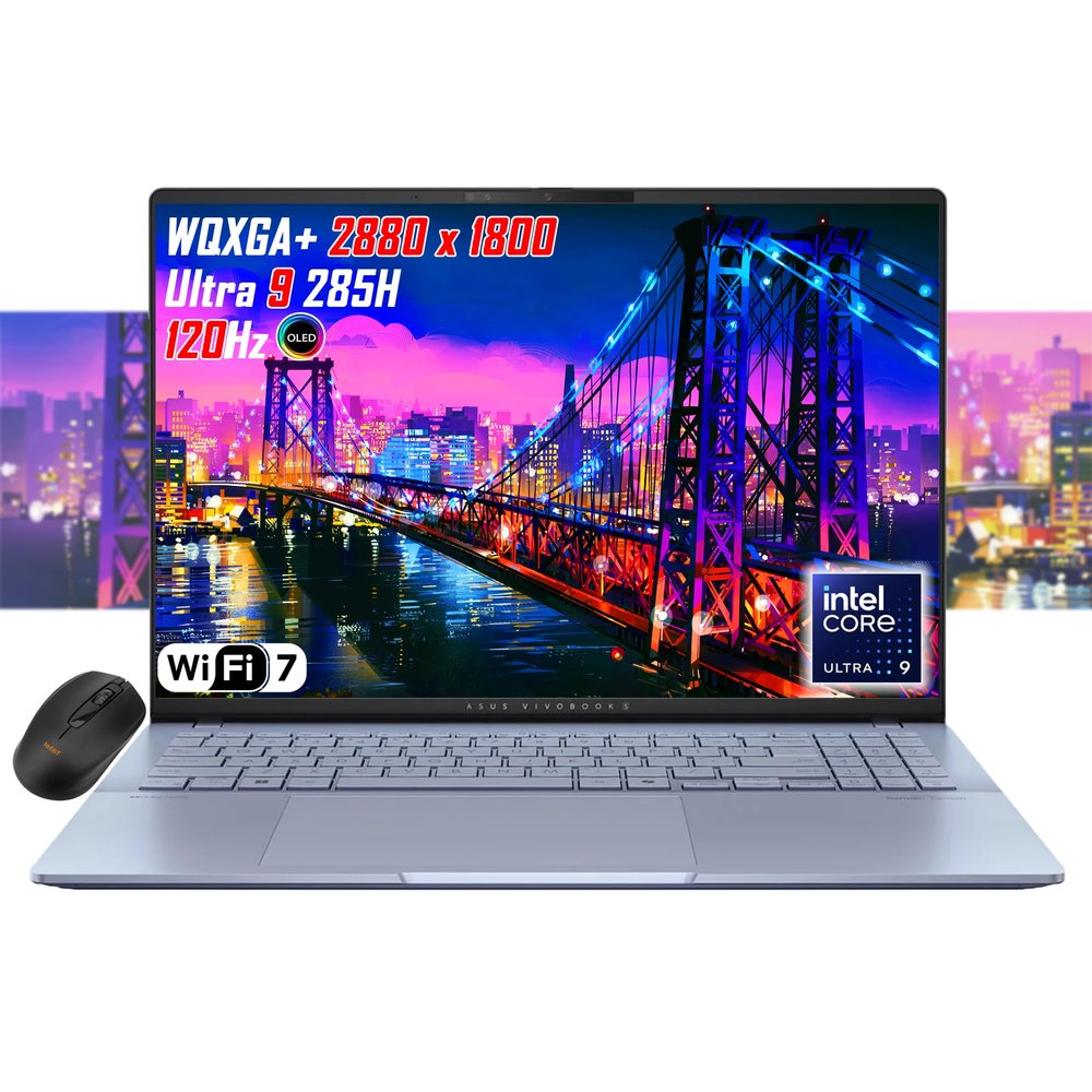 ASUS Vivobook 16" OLED WQXGA+(2880x1800) Slim Laptop, Intel Core Ultra9 285H, Wi-Fi 7, RGB Backlit KB, 2X Thunderbolt 4, FHD Webcam, win11, Wireless Mouse