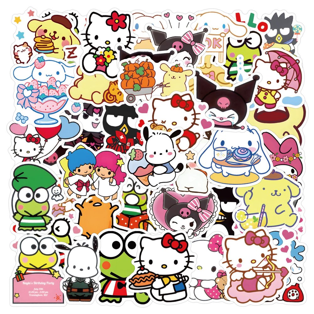 100PCS Sanrio Cartoon Stickers for Kids,Hello Cat Kitty Kuromi Mymelody Cinnamoroll Decal for Water Bottle Laptop Toy Sticker for DIY Decorate Bumper Phone Hard Hat Kids Teens Gifts