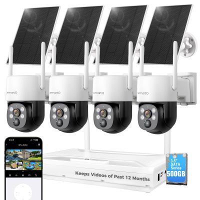 XMARTO Solar Camera Outdoor Wireless, 4 PCs QHD 4MP Wireless PTZ Security Camera System with 4K 10CH Expandable WiFi NVR, All-Weather Solar Charge, Two-Way Audio, PIR Sensor, No Monthly Fee, 500GB