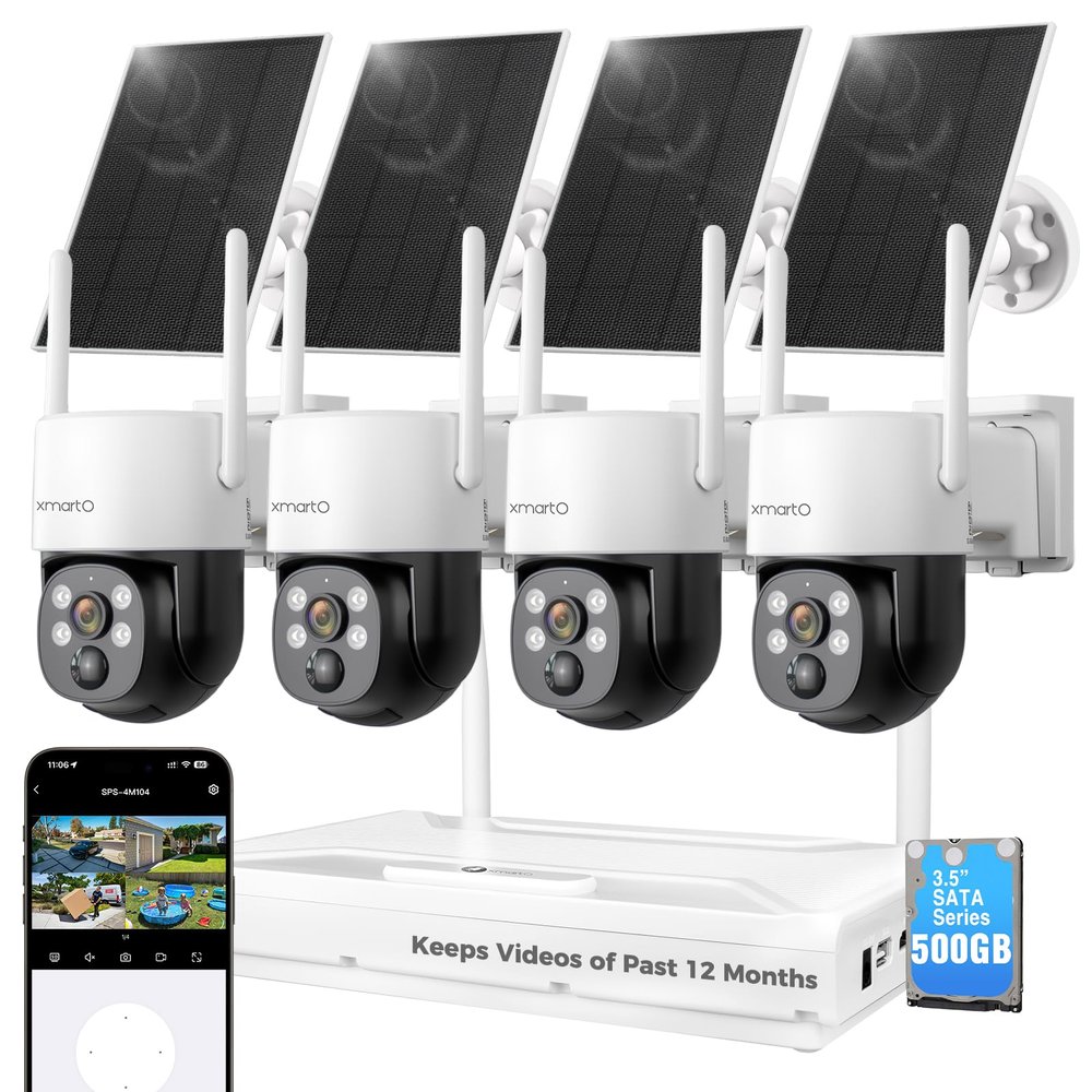 XMARTO Solar Camera Outdoor Wireless, 4 PCs QHD 4MP Wireless PTZ Security Camera System with 4K 10CH Expandable WiFi NVR, All-Weather Solar Charge, Two-Way Audio, PIR Sensor, No Monthly Fee, 500GB