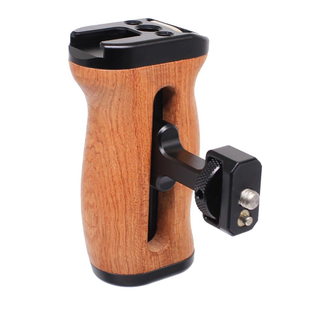 NovelGoal Wooden Side Handle for 1/4"-20 Threaded, Camera Cage Handle for Left or Right Hand, Up and Down Adjustable, Hand Grip with Built-in Cold Shoe