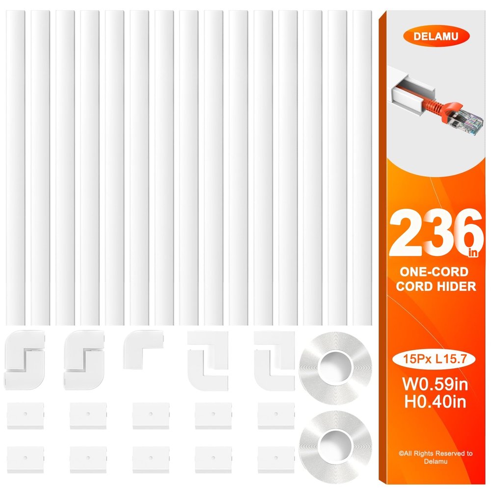 Delamu 236in Cord Hider, One-Wire Cord Covers for Wires on Wall, Easy-to-Install Cable Hiders for Mounted Tv, Cable Management Kit, Cable Raceways, W0.59 H0.4in, White