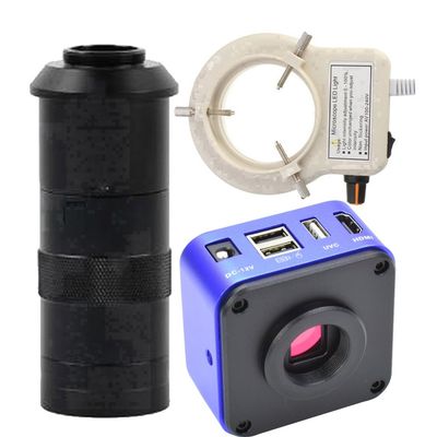 NEW 30FPS HDMI UVC Industrial Video Microscope Camera & 100X C-Mount Lens With 56-LED Adjustable Ring Light