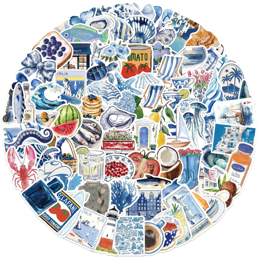 100pcs Aesthetic Summer Holidays Stickers, Blue Ocean Beach Waterproof Stickers Pack for Photo Album, Kindle, Laptop, Journal, Scrapbook, Water Bottle, Skateboard, Luggage