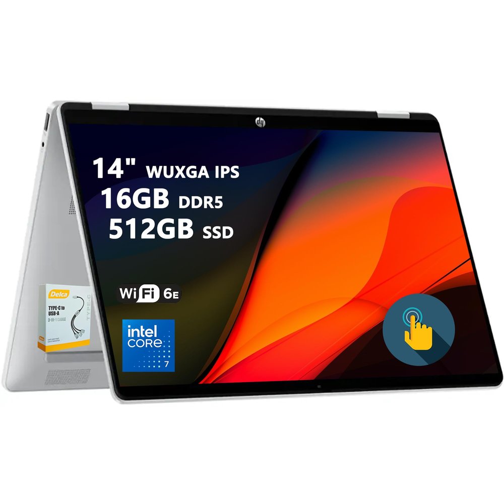 HP OmniBook 5 Flip 2-in-1 Laptop | 14" WUXGA IPS Touchscreen | 10-Core Intel Core 7 150U | 16GB DDR5 512GB SSD | Backlit Keyboard Wi-Fi6E 5MP IR Privacy Camera Win 11 w/DLCA Accessory