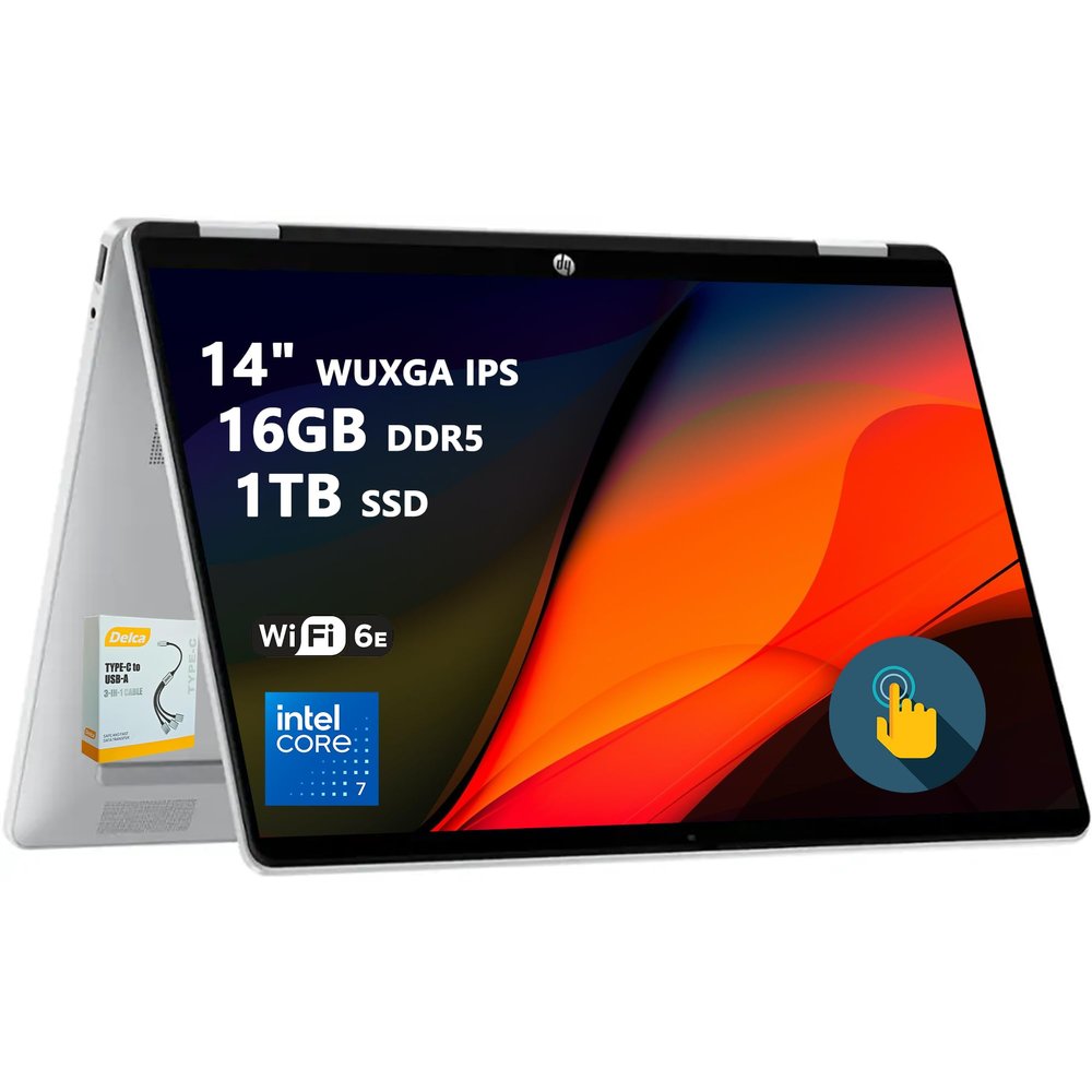 HP OmniBook 5 Flip 2-in-1 Laptop | 14" WUXGA IPS Touchscreen | 10-Core Intel Core 7 150U | 16GB DDR5 1TB SSD | Backlit Keyboard Wi-Fi6E 5MP IR Privacy Camera Win 11 w/DLCA Accessory