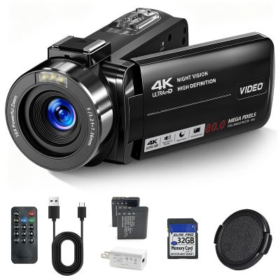 DINGIXOC 4K Camcorder Video Camera, 80MP HD Vlogging Camera for YouTube with IR Night Vision, 18X Digital Zoom, 3.0" IPS Screen, SD Card, 2 Batteries