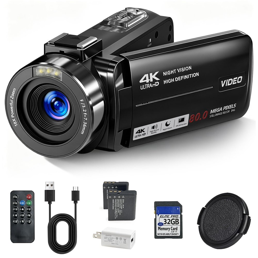 DINGIXOC 4K Camcorder Video Camera, 80MP HD Vlogging Camera for YouTube with IR Night Vision, 18X Digital Zoom, 3.0" IPS Screen, SD Card, 2 Batteries