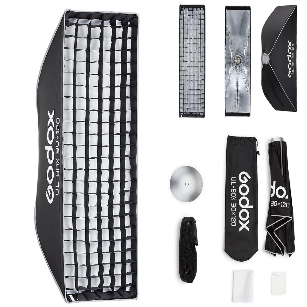 Godox Softbox UL-30x120 11.8"x47.2" Strip Softbox, Quick-Release Umbrella Design Bowens Mount with Grid & Deflector, for Rim Lighting & Product Photography