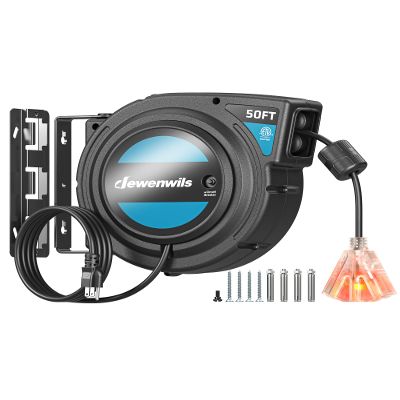 DEWENWILS Extension Cord Reel with Twist-lock Stopper, Brighter Triple Tap Outlet Heavy Duty Power Retractable Cord Reel, 180 Swivel Bracket for Ceiling or Wall Mount, ETL Listed, Black