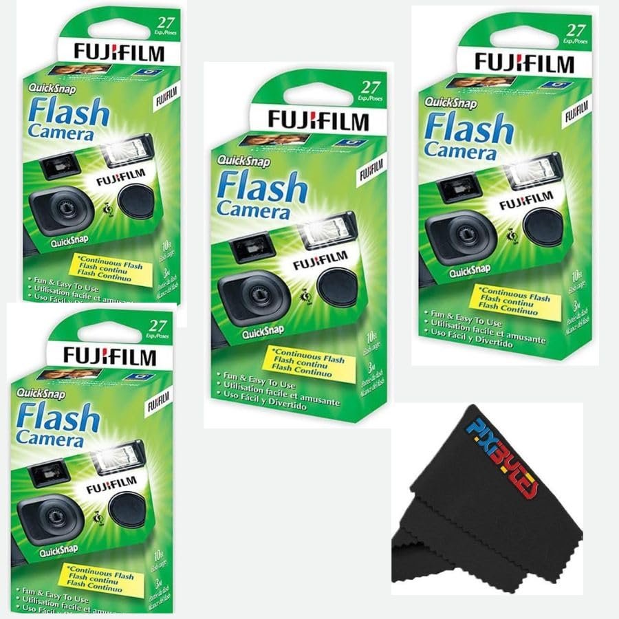 Fujifilm QuickSnap Flash 400 Disposable 35mm Camera with PixiBytes Microfiber Cleaning Cloth... (4 Packs (2 Twin Pack))