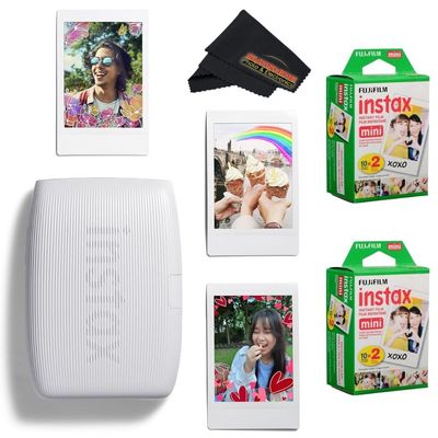 Fujifilm INSTAX Mini Link 3 Smartphone Printer with INSTAX Mini Instant Film and Sunshine Microfiber Cleaning Cloth... (2 Twin Pack (40 Sheets), Clay White)