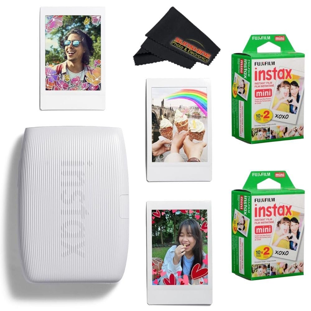 Fujifilm INSTAX Mini Link 3 Smartphone Printer with INSTAX Mini Instant Film and Sunshine Microfiber Cleaning Cloth... (2 Twin Pack (40 Sheets), Clay White)