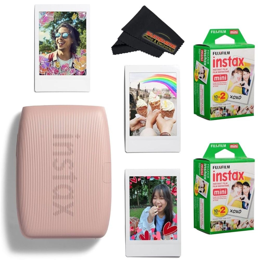 Fujifilm INSTAX Mini Link 3 Smartphone Printer with INSTAX Mini Instant Film and Sunshine Microfiber Cleaning Cloth... (2 Twin Pack (40 Sheets), Rose Pink)