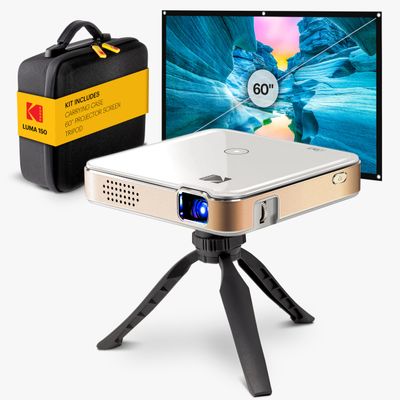 KODAK Luma 150 Complete Kit Mini Projector - White, 60-Inch Screen - 120-Inch Display Movie Projector - Smart Mini Device with AirPlay & Miracast - Portable & Rechargeable Pico Projection Unit