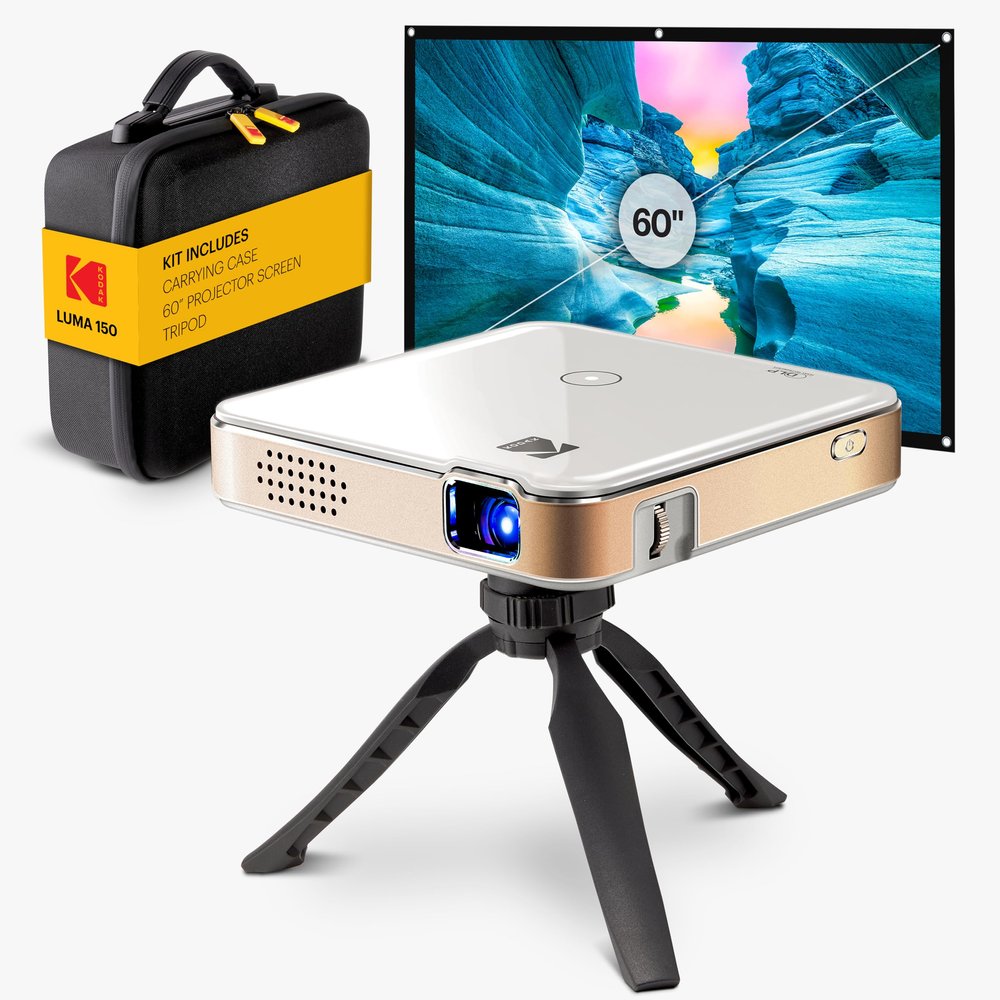 KODAK Luma 150 Complete Kit Mini Projector - White, 60-Inch Screen - 120-Inch Display Movie Projector - Smart Mini Device with AirPlay & Miracast - Portable & Rechargeable Pico Projection Unit