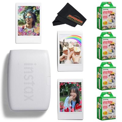 Fujifilm INSTAX Mini Link 3 Smartphone Printer with INSTAX Mini Instant Film and Sunshine Microfiber Cleaning Cloth... (4 Twin Pack (80 Sheets), Clay White)