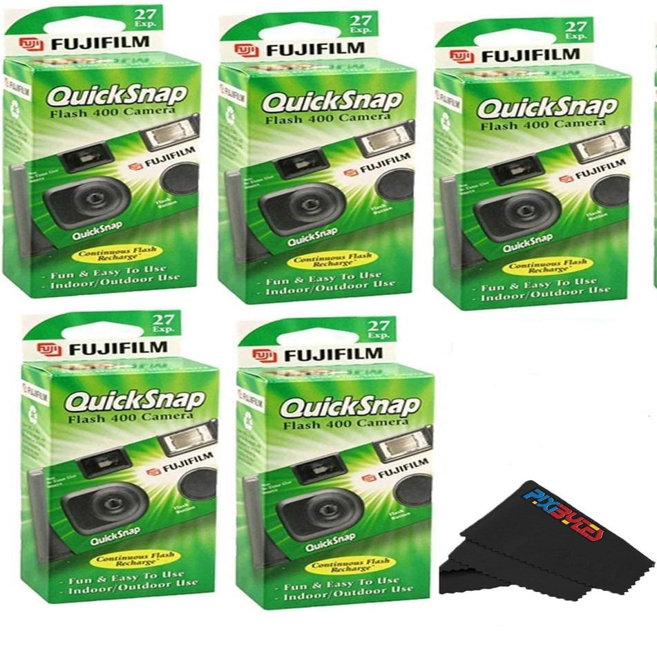 Fujifilm QuickSnap Flash 400 Disposable 35mm Camera with PixiBytes Microfiber Cleaning Cloth... (5 Packs (2 Twin /1 Single Pack))